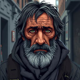 A highly detailed pixel art portrait of a sad homeless man, capturing his expressive features