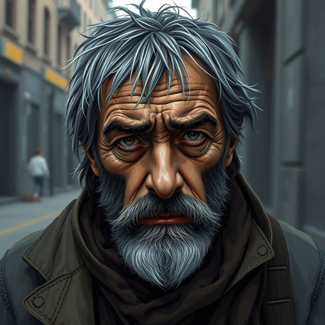 A highly detailed pixel art portrait of a sad homeless man, capturing his expressive features