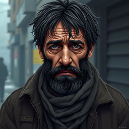 A highly detailed pixel art portrait of a sad homeless man, capturing his expressive features