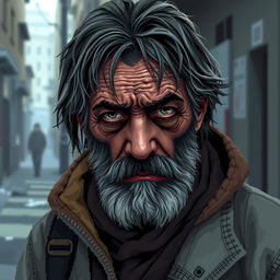 A highly detailed pixel art portrait of a sad homeless man, capturing his expressive features