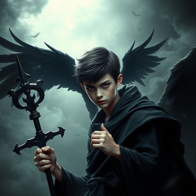 A teenage boy representing the God of Death, with striking features that depict his ominous nature