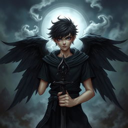 A teenage boy representing the God of Death, with striking features that depict his ominous nature