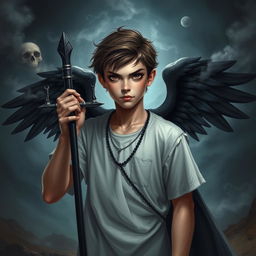 A teenage boy representing the God of Death, with striking features that depict his ominous nature