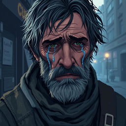 A highly detailed pixel art portrait of a crying homeless man, conveying a deep sense of sorrow and vulnerability