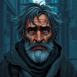 A highly detailed pixel art portrait of a crying homeless man, conveying a deep sense of sorrow and vulnerability