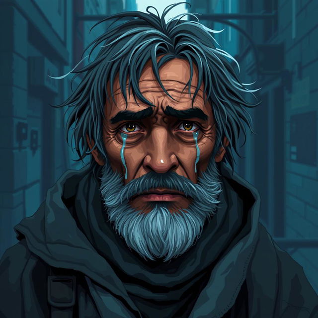 A highly detailed pixel art portrait of a crying homeless man, conveying a deep sense of sorrow and vulnerability