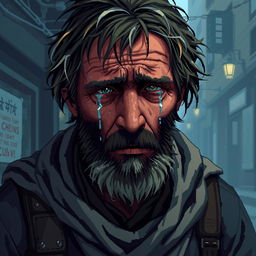 A highly detailed pixel art portrait of a crying homeless man, conveying a deep sense of sorrow and vulnerability