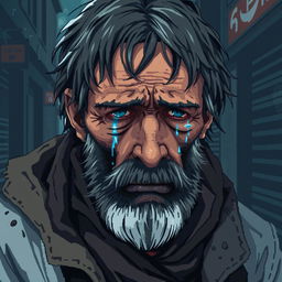 A highly detailed pixel art portrait of a crying homeless man, conveying a deep sense of sorrow and vulnerability