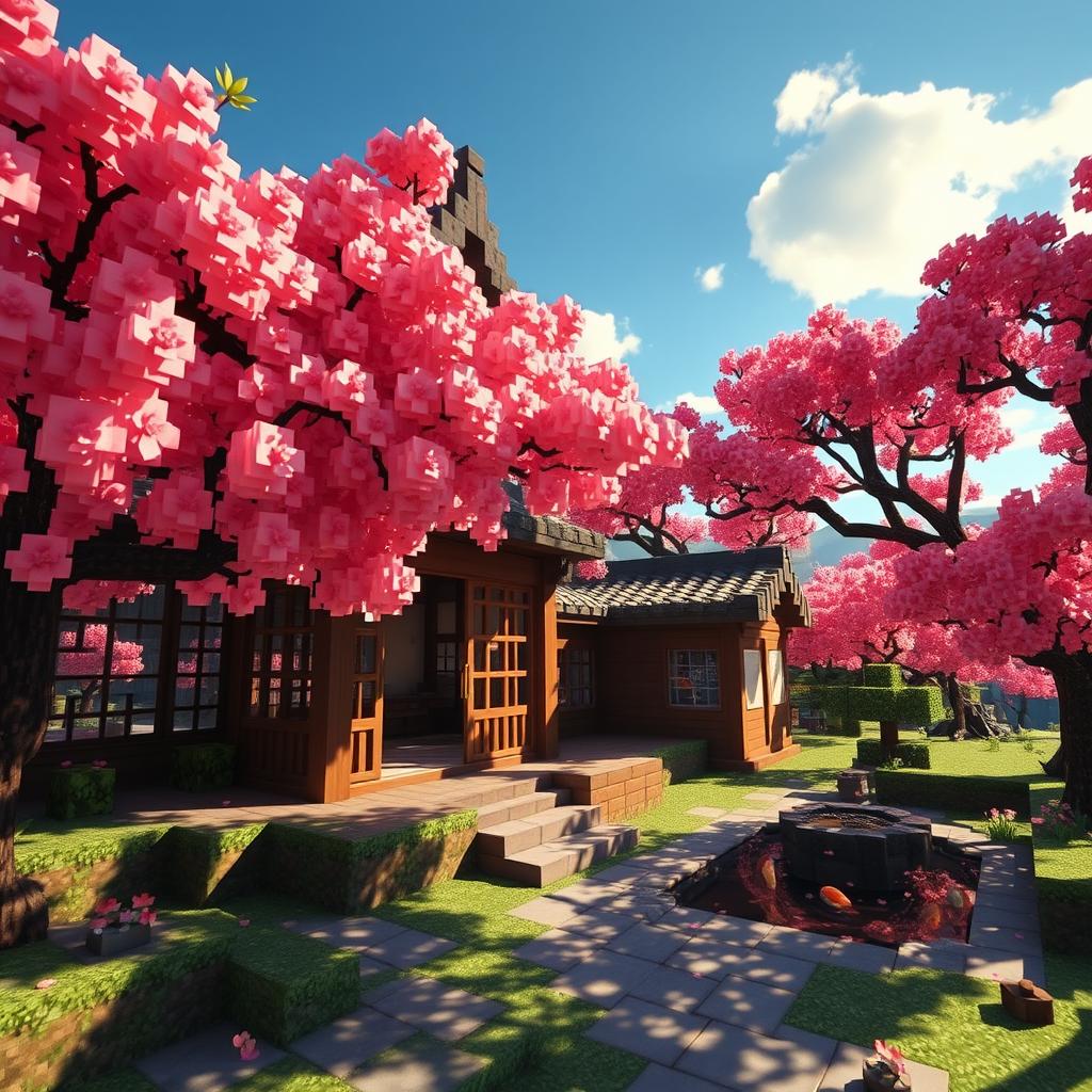 A beautifully crafted Minecraft Japanese house set in a serene landscape, featuring traditional wooden architecture with tiled roofs, paper sliding doors (shoji), and a peaceful garden with a koi pond