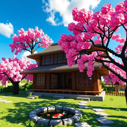 A beautifully crafted Minecraft Japanese house set in a serene landscape, featuring traditional wooden architecture with tiled roofs, paper sliding doors (shoji), and a peaceful garden with a koi pond