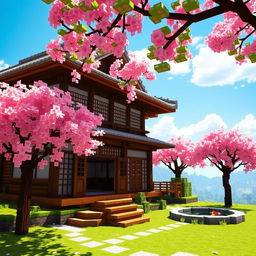 A beautifully crafted Minecraft Japanese house set in a serene landscape, featuring traditional wooden architecture with tiled roofs, paper sliding doors (shoji), and a peaceful garden with a koi pond
