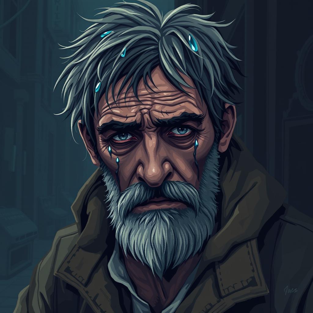 A highly detailed and realistic pixel art portrait of a crying homeless man, capturing intricate facial features and emotions