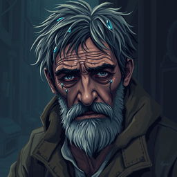 A highly detailed and realistic pixel art portrait of a crying homeless man, capturing intricate facial features and emotions