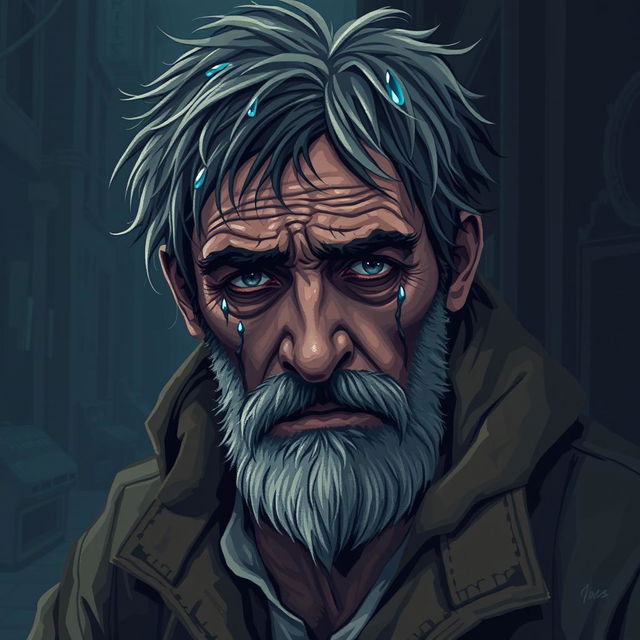 A highly detailed and realistic pixel art portrait of a crying homeless man, capturing intricate facial features and emotions