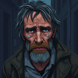 A highly detailed and realistic pixel art portrait of a crying homeless man, capturing intricate facial features and emotions