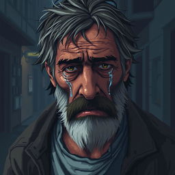 A highly detailed and realistic pixel art portrait of a crying homeless man, capturing intricate facial features and emotions