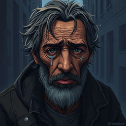 A highly detailed and realistic pixel art portrait of a crying homeless man, capturing intricate facial features and emotions