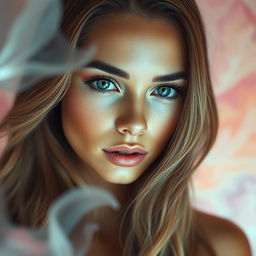 A close-up portrait of a stunning woman with striking features, emphasizing her captivating eyes that perfectly match the romantic and mystical atmosphere