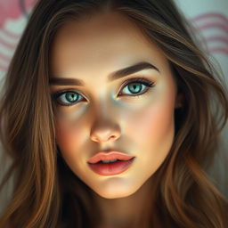 A close-up portrait of a stunning woman with striking features, emphasizing her captivating eyes that perfectly match the romantic and mystical atmosphere