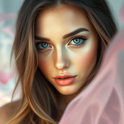A close-up portrait of a stunning woman with striking features, emphasizing her captivating eyes that perfectly match the romantic and mystical atmosphere