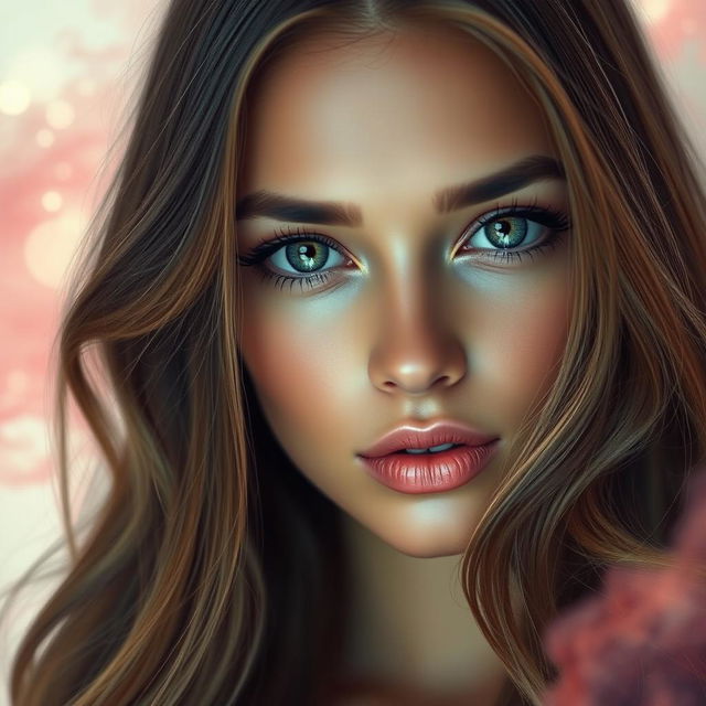 A close-up portrait of a stunning woman with striking features, emphasizing her captivating eyes that perfectly match the romantic and mystical atmosphere