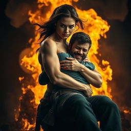 A heroic scene depicting a strong woman cradling a man in her arms to save him from a raging fire