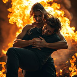 A heroic scene depicting a strong woman cradling a man in her arms to save him from a raging fire