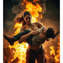 A heroic scene depicting a strong woman cradling a man in her arms to save him from a raging fire