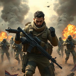 A heroic scene depicting Ibrahim, a brave soldier, standing valiantly against a backdrop of chaos from enemy forces