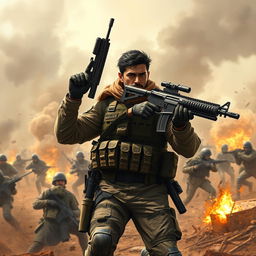 A heroic scene depicting Ibrahim, a brave soldier, standing valiantly against a backdrop of chaos from enemy forces