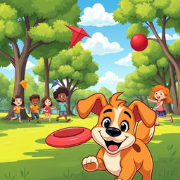 A colorful and vibrant cartoon image featuring a playful scene in a sunny park