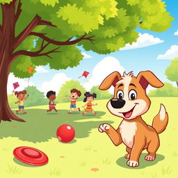 A colorful and vibrant cartoon image featuring a playful scene in a sunny park