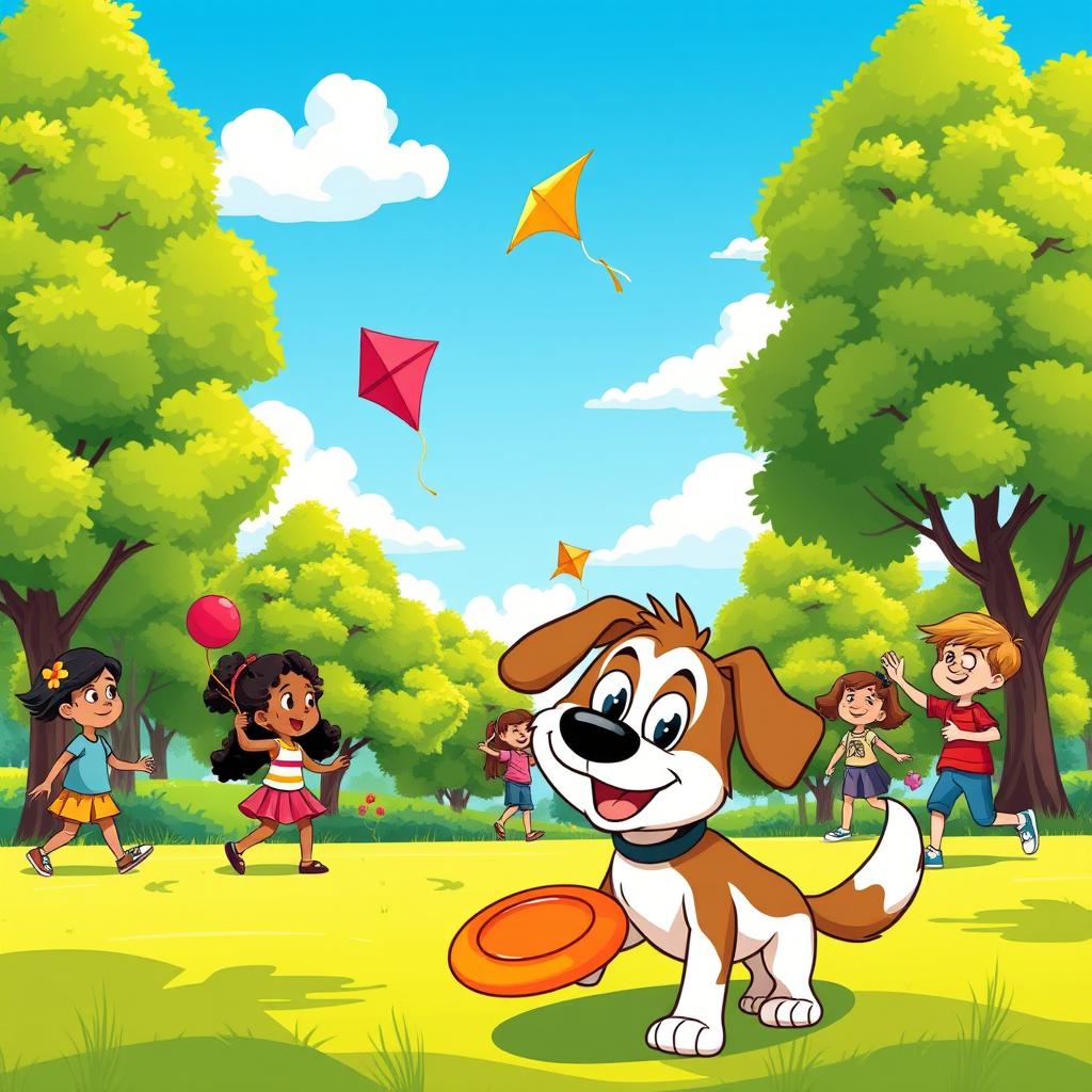 A colorful and vibrant cartoon image featuring a playful scene in a sunny park