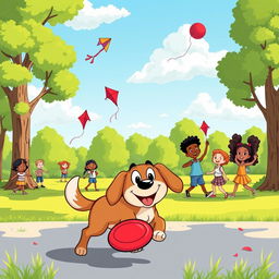 A colorful and vibrant cartoon image featuring a playful scene in a sunny park