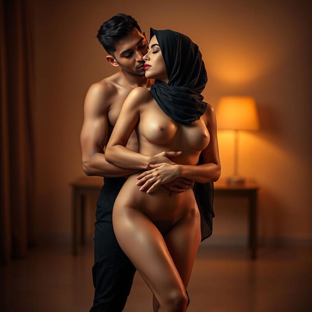 A sensual and intimate scene featuring a naked woman wearing a stylish hijab and high heels, with a man gently holding her from behind, both with their eyes closed, conveying a moment of passion