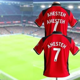 A Manchester United 2008 home kit featuring the number 7 and the name 'AHESTEH' printed on the back