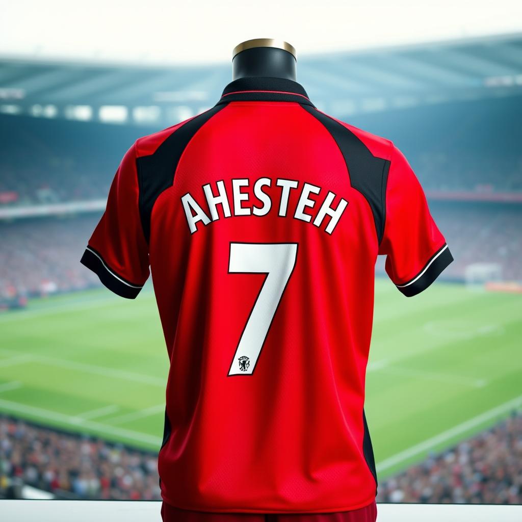 A Manchester United 2008 home kit featuring the number 7 and the name 'AHESTEH' printed on the back