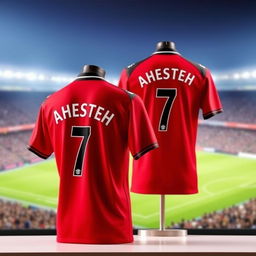 A Manchester United 2008 home kit featuring the number 7 and the name 'AHESTEH' printed on the back