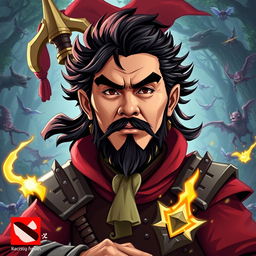A stylized depiction of Chen from Dota 2, featuring the distinct facial features of Che Guevara