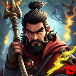 A stylized depiction of Chen from Dota 2, featuring the distinct facial features of Che Guevara