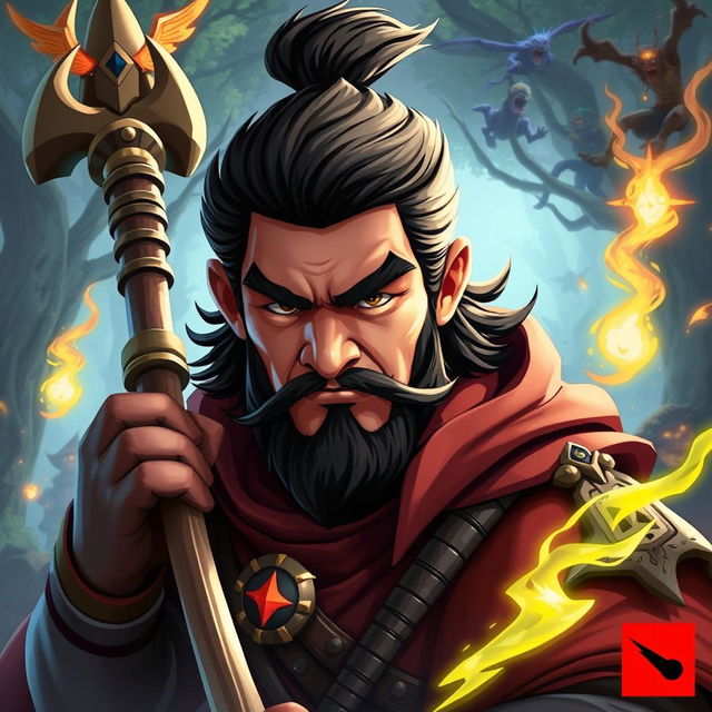 A stylized depiction of Chen from Dota 2, featuring the distinct facial features of Che Guevara