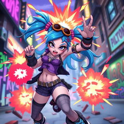 A dynamic portrait of Jinx from the animated series Arcane, featuring her signature blue hair styled in wild pigtails, wearing a combination of punk and edgy outfits, including her iconic purple top and shorts with various accessories