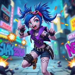 A dynamic portrait of Jinx from the animated series Arcane, featuring her signature blue hair styled in wild pigtails, wearing a combination of punk and edgy outfits, including her iconic purple top and shorts with various accessories