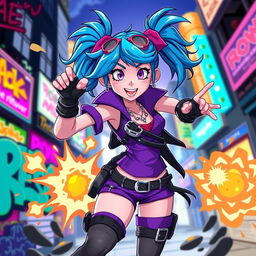 A dynamic portrait of Jinx from the animated series Arcane, featuring her signature blue hair styled in wild pigtails, wearing a combination of punk and edgy outfits, including her iconic purple top and shorts with various accessories