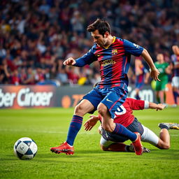 A dynamic scene of Lionel Messi in action on a football pitch, expertly dribbling past a defender