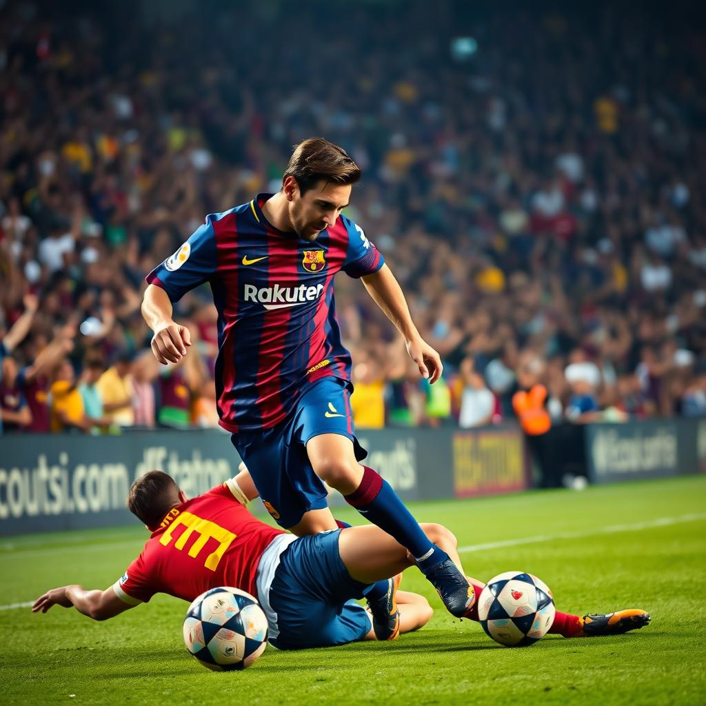 A dynamic scene of Lionel Messi in action on a football pitch, expertly dribbling past a defender