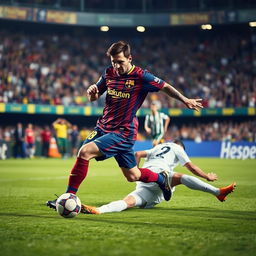 A dynamic scene of Lionel Messi in action on a football pitch, expertly dribbling past a defender