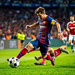 A dynamic scene of Lionel Messi in action on a football pitch, expertly dribbling past a defender