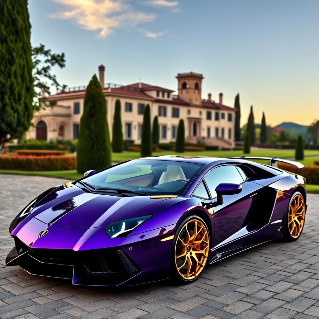 A luxurious Lamborghini Aventador in a deep purple color with golden rims and a carbon fiber hood, featuring a white and red interior upholstered with Mansory logos