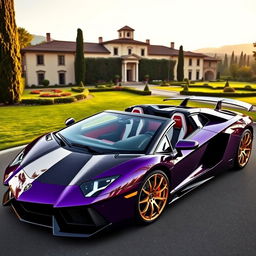 A luxurious Lamborghini Aventador in a deep purple color with golden rims and a carbon fiber hood, featuring a white and red interior upholstered with Mansory logos